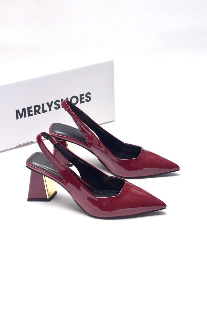 Giày Cao Gót Đỏ Đế Vuông 6-7cm Merly 1490 Big Size 35-43, Giày Mũi Nhọn, Giày Slingback Bít Mũi Quai Hậu Hở Gót, Giày Đi Tiệc