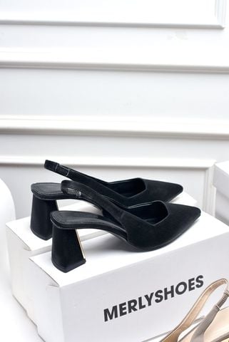 Giày Cao Gót Đế Vuông 6-7cm Slingback Bít Mũi Có Quai Hậu Hở Gót 35-43, Giày Cao Gót Đen Mũi Nhọn, Giày Công Sở Nữ, Giày Cao Gót Big Size, Thương Hiệu Merly 1490 Đen Vân