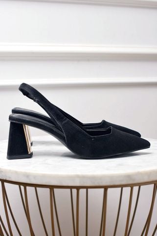 Giày Cao Gót Đế Vuông 6-7cm Slingback Bít Mũi Có Quai Hậu Hở Gót 35-43, Giày Cao Gót Đen Mũi Nhọn, Giày Công Sở Nữ, Giày Cao Gót Big Size, Thương Hiệu Merly 1490 Đen Vân