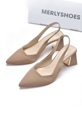 Giày Cao Gót Slingback Đế Vuông Mũi Nhọn Thon Chân, Giày Bít Mũi Có Quai Hậu Hở Gót 35-43, Giày Công Sở Nữ, Giày Cao Gót Big Size, Thương Hiệu Merly 1490 Nâu Vân Sang Trọng