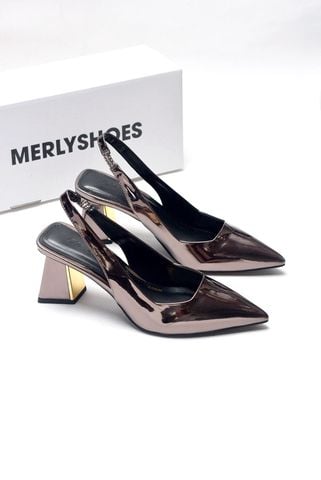Giày Cao Gót Chì Metallic Đế Vuông 6-7cm Merly 1490 Big Size 35-43, Giày Mũi Nhọn, Giày Slingback Bít Mũi Quai Hậu Hở Gót, Giày Đi Tiệc, Giày Tết 2025