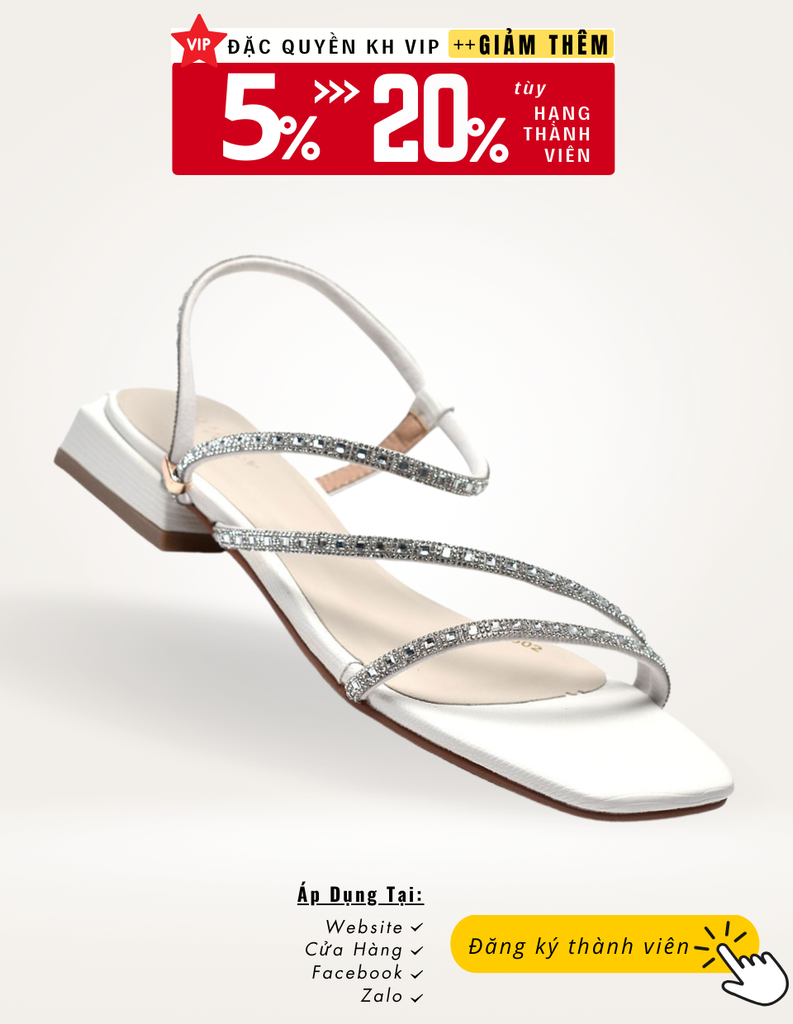 Giày Sandals Dây Đính Đá Blingbling Đế Vuông 2cm, Sandals Nữ Đế Vuông 2cm, Giày Xăng Đan Đính Đá, Xăng Đan Cao Gót Đế Vuông, Dép Quai Hậu Nữ Đính Đá, Giày Đi Tiệc Cưới, Giày Nữ Big Size TPHCM, Merly 1502 Trắng