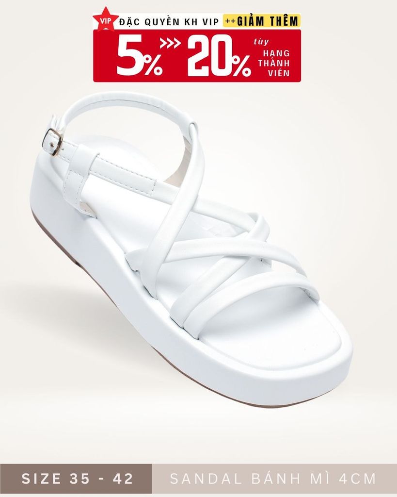 Sandals Bánh Mì Nữ Dây Mút Phồng Đế Cao 4cm Merly 1505 Trắng, Platform Sandals, Xăng Đan Bánh Mì Nữ, Giày Bánh Mì Đế Cao, Dép Sandal Dây Nữ, Giày Nữ Big Size