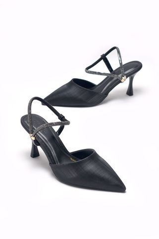 Giày Cao Gót Đi Tiệc Thấp 7cm Mũi Nhọn Quai Đính Đá Merly 1509-7p Đen Xước, Giày Cao Gót Bigsize 35-43 Slingback