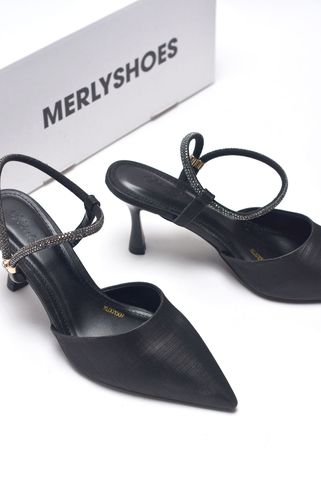 Giày Cao Gót Đi Tiệc Thấp 7cm Mũi Nhọn Quai Đính Đá Merly 1509-7p Đen Xước, Giày Cao Gót Bigsize 35-43 Slingback