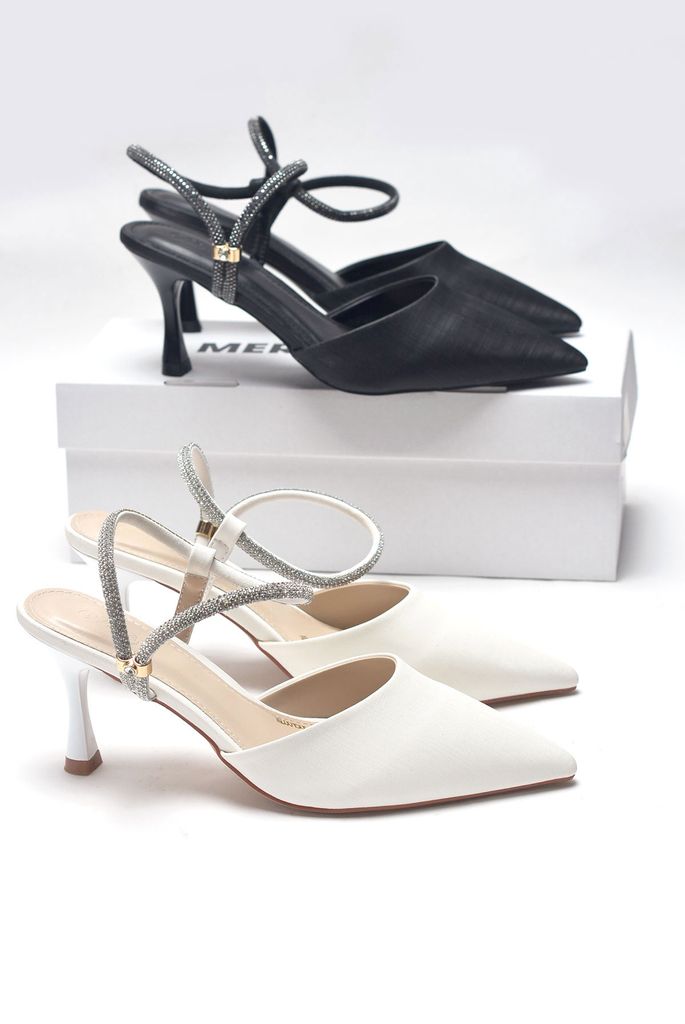 Giày Cao Gót Đi Tiệc Gót Nhọn Thấp 7cm Mũi Nhọn Quai Đính Đá Merly 1509-7p Trắng Vân Xước, Giày Cao Gót Bigsize 35-43, Slingback