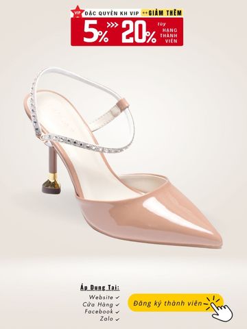 Giày Cao Gót Đi Tiệc Đế Nhọn Mũi Nhọn Đính Đá Bít Mũi Quai Hậu 9cm, Giày Cao Gót Slingback, Giày Cao Gót Big Size, Merly 1509 Nude Nâu Tâyg