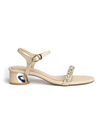 Sandal Quai Ngang Nữ Cao 3cm Quai Đính Đá Lấp Lánh Merly 1515 Kem, Giày Cao Gót Đế Vuông, Dép Xăng Đan Nữ Cao Cấp, Giày Đi Với Áo Dài, Giày Đi Tiệc, Dép Sandals, Giày Nữ Big Size TPHCM