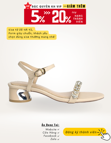 Sandal Quai Ngang Nữ Cao 3cm Quai Đính Đá Lấp Lánh Merly 1515 Kem, Giày Cao Gót Đế Vuông, Dép Xăng Đan Nữ Cao Cấp, Giày Đi Với Áo Dài, Giày Đi Tiệc, Dép Sandals, Giày Nữ Big Size TPHCM