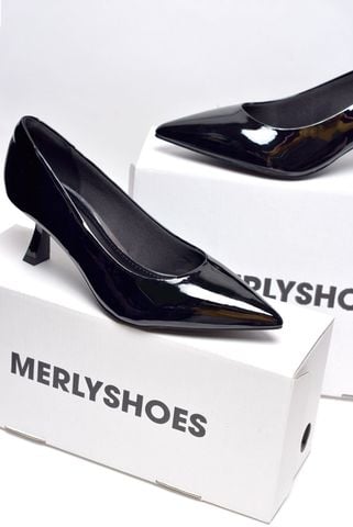 Giày Cao Gót Mũi Nhọn 5cm Merly 1526 Đen Bóng, Giày Cao Gót Đế Nhọn, Giày Công Sở Nữ Êm Chân, Giày Cao Gót Big Size 35-43