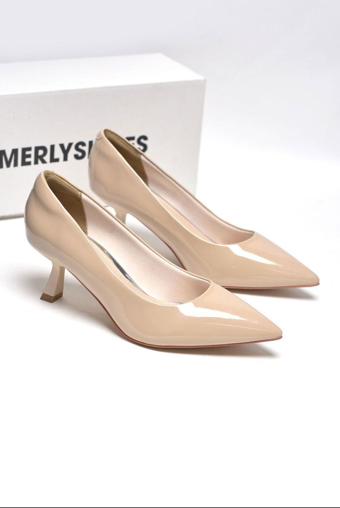 Giày Cao Gót Nude Mũi Nhọn Thấp 5cm Merly 1526 Kem Nâu Bóng, Giày Cao Gót Đế Nhọn, Giày Công Sở Nữ Êm Chân, Giày Cao Gót Big Size 35-43