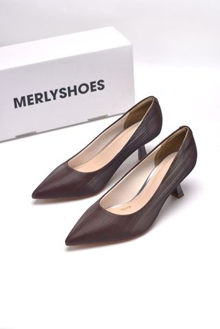 Giày Cao Gót Mũi Nhọn 5cm Merly 1526 Nâu Vân Xước, Giày Cao Gót Đế Nhọn, Giày Công Sở Nữ Êm Chân, Giày Cao Gót Big Size 35-43