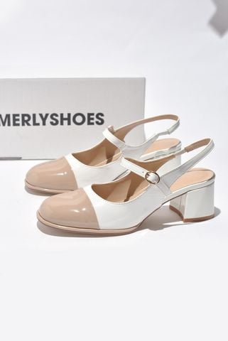 Giày Búp Bê Cao Gót Mary Jane Có Quai Ngang Đế Vuông 5cm Merly 1537 Trắng Nude, Giày Búp Bê Đế Cao, Giày Cao Gót Big Size, Slingback, Giày Mũi Vuông