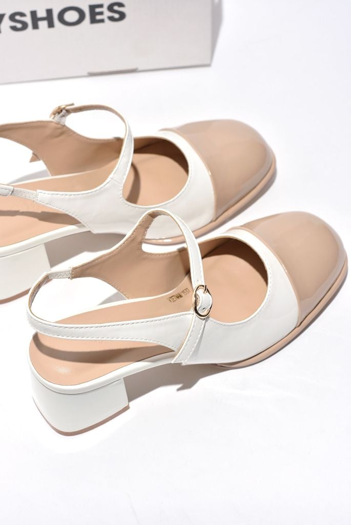 [Restock] Giày Búp Bê Cao Gót Mary Jane Có Quai Ngang Đế Vuông 5cm Merly 1537 Trắng Nude, Giày Búp Bê Đế Cao, Giày Cao Gót Big Size, Slingback, Giày Mũi Vuông