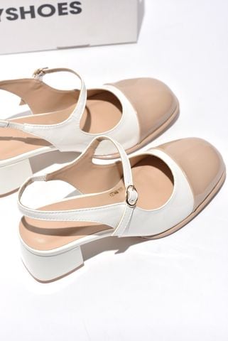 Giày Búp Bê Cao Gót Mary Jane Có Quai Ngang Đế Vuông 5cm Merly 1537 Trắng Nude, Giày Búp Bê Đế Cao, Giày Cao Gót Big Size, Slingback, Giày Mũi Vuông
