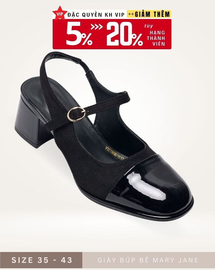 Giày Búp Bê Cao Gót Mary Jane Có Quai Ngang, Đế vuông 5cm Merly 1537 Đen, Giày Size 43, Giày Nữ Big Size, Giày Cao Gót Big Size, Slingback, Giày Mũi Vuông