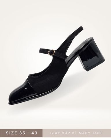 Giày Búp Bê Cao Gót Mary Jane Có Quai Ngang, Đế vuông 5cm Merly 1537 Đen, Giày Size 43, Giày Nữ Big Size, Giày Cao Gót Big Size, Slingback, Giày Mũi Vuông
