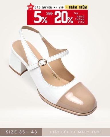 [Restock] Giày Búp Bê Cao Gót Mary Jane Có Quai Ngang Đế Vuông 5cm Merly 1537 Trắng Nude, Giày Búp Bê Đế Cao, Giày Cao Gót Big Size, Slingback, Giày Mũi Vuông