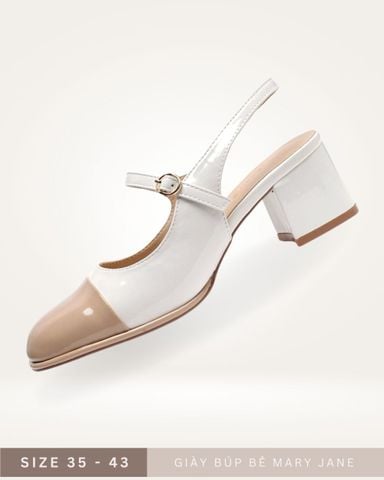 Giày Búp Bê Cao Gót Mary Jane Có Quai Ngang Đế Vuông 5cm Merly 1537 Trắng Nude, Giày Búp Bê Đế Cao, Giày Cao Gót Big Size, Slingback, Giày Mũi Vuông