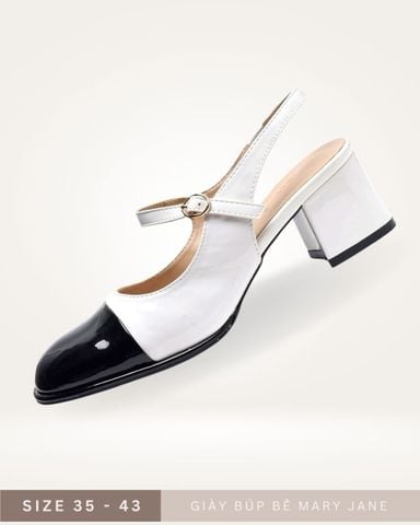 [Restock] Giày Búp Bê Cao Gót Có Quai Ngang Đế Vuông 5cm Merly 1537 Trắng Đen, Giày Mary Jane, Giày Cao Gót Big Size, Giày Cao Gót Big Size, Slingback, Giày Mũi Vuông