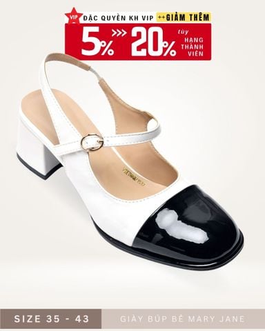 [Restock] Giày Búp Bê Cao Gót Có Quai Ngang Đế Vuông 5cm Merly 1537 Trắng Đen, Giày Mary Jane, Giày Cao Gót Big Size, Giày Cao Gót Big Size, Slingback, Giày Mũi Vuông