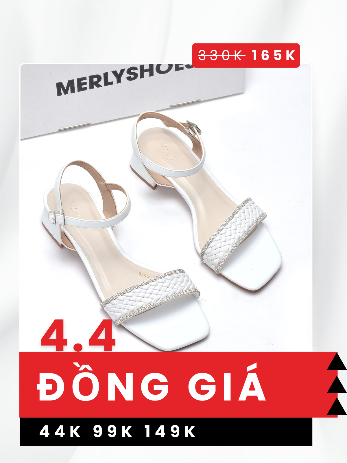 Sandal Cao Gót Quai Ngang Đế Vuông 3cm Dây Đính Đá Merly 1545 Trắng Mờ, Giày Sandal Nữ Big Size 35-43, Xăng Đan Đế Vuông Thấp 3cm, Giày Nữ Big Size
