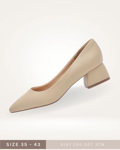 Giày Cao Gót 3cm Da Cao Cấp Microfiber Đế Vuông Mũi Nhọn Merly 1547 Kem Nude, Giày Nữ Công Sở, Giày Cao Gót Big Size