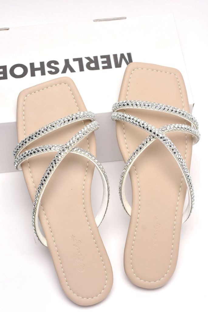 Dép Lê Nữ Đính Đá Dây Mảnh Big Size Nữ 35-43 Merly 1550 Kem, Dép Da Cao Cấp, Dép Nữ Màu Nude, Dép Đi Biển, Thương Hiệu Merly
