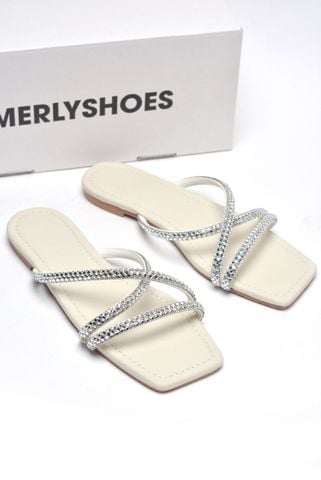 Dép Lê Nữ Đính Đá Dây Mảnh Big Size Nữ 35-43 Merly 1550 Trắng Ngà, Dép Da Cao Cấp, Dép Nữ Màu Trắng, Dép Đi Biển, Thương Hiệu Merly
