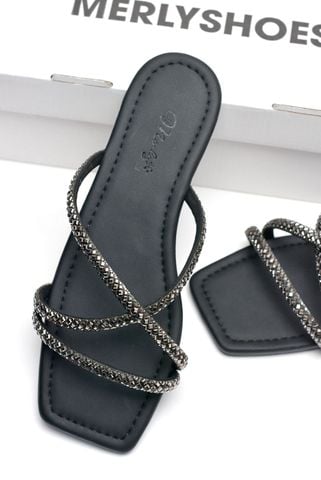 Dép Lê Nữ Đính Đá Dây Mảnh Big Size Nữ 35-43 Merly 1550 Đen, Dép Da Cao Cấp, Dép Nữ Màu Đen, Dép Đi Biển, Thương Hiệu Merly