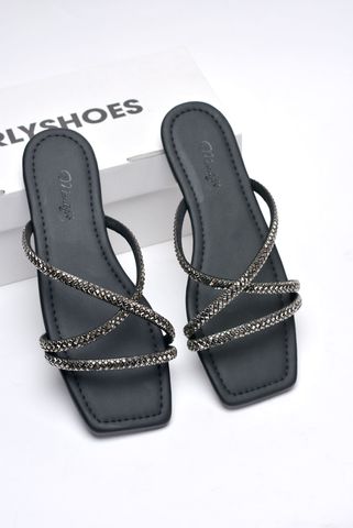 Dép Lê Nữ Đính Đá Dây Mảnh Big Size Nữ 35-43 Merly 1550 Đen, Dép Da Cao Cấp, Dép Nữ Màu Đen, Dép Đi Biển, Thương Hiệu Merly