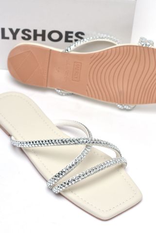 Dép Lê Nữ Đính Đá Dây Mảnh Big Size Nữ 35-43 Merly 1550 Trắng Ngà, Dép Da Cao Cấp, Dép Nữ Màu Trắng, Dép Đi Biển, Thương Hiệu Merly