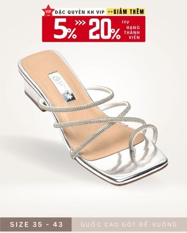 Guốc Cao Gót Đế Vuông 3cm Dây Mảnh Đính Đá [ 35 - 43 ] Dép Xỏ Ngón, Dép Màu Bạc, Dép Sandal Nữ, Dép Big Size Nữ Merly 1557 Bạc Metallic
