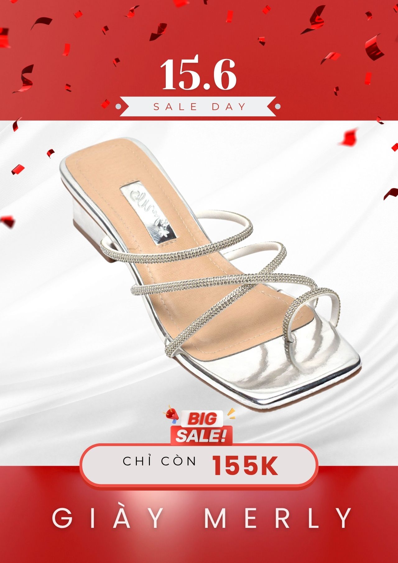 Guốc Cao Gót Đế Vuông 3cm Dây Mảnh Đính Đá [ 35 - 43 ] Dép Xỏ Ngón, Dép Màu Bạc, Dép Sandal Nữ, Dép Big Size Nữ Merly 1557 Bạc Metallic
