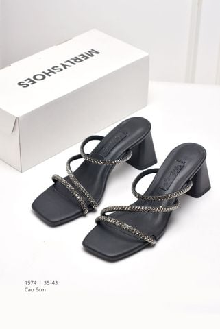 Dép Cao Gót Đế Vuông 6cm Big Size 35-43 Dây Mảnh Đính Đá Đi Tiệc, Sandal Cao Gót, Guốc Cao Gót, Dép Guốc Nữ Big Size Thương Hiệu Merly 1574 Màu Đen