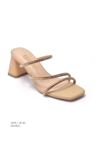 Dép Guốc Cao Gót Đế Vuông 6cm Dây Đính Đá Merly 1574 Màu Be Vàng x Đính Đá Nâu Tây, Giày Dép Sandal Đi Tiệc Big Size 35 - 43