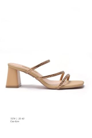 Dép Guốc Cao Gót Đế Vuông 6cm Dây Đính Đá Merly 1574 Màu Be Vàng x Đính Đá Nâu Tây, Giày Dép Sandal Đi Tiệc Big Size 35 - 43