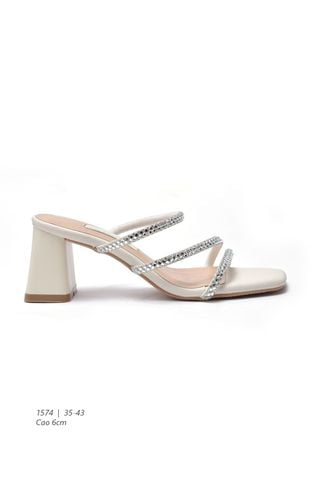 Dép Cao Gót 6cm Đế Vuông, Guốc Nữ Big Size 35-43, Dép Dây Mảnh Đính Đá Đi Tiệc, Guốc Cao Gót, Sandal Cao Gót Thương Hiệu Merly 1574 Trắng Kem
