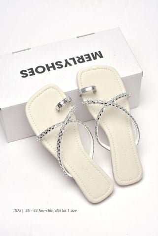 Dép Lê Nữ Xỏ Ngón Quai Đính Đá Big Size [ 35-43 FORM TO ] Merly 1575 Trắng Ngà, Dép Nữ Big Size, Dép Dây Mảnh, Dép Da Cao Cấp Microfiber
