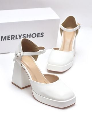 Giày Cao Gót Đế Vuông 10cm Mary Jane Trắng Đúp Mũi Hợp Đi Tiệc Hoặc Làm Giày Cưới [ MERLY 1576 ] Giày Cao Gót Big Size 35-43, Giày Da Cao Cấp, Giày Đế Đúp, Sandal Bít Mũi Quai Hậu, Giày Mũi Vuông