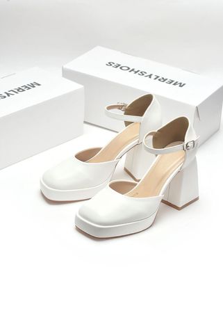 Giày Cao Gót Đế Vuông 10cm Mary Jane Trắng Đúp Mũi Hợp Đi Tiệc Hoặc Làm Giày Cưới [ MERLY 1576 ] Giày Cao Gót Big Size 35-43, Giày Da Cao Cấp, Giày Đế Đúp, Sandal Bít Mũi Quai Hậu, Giày Mũi Vuông