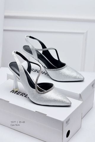 Giày Cao Gót Mũi Nhọn 9cm Nhũ Bạc Đính Đá Big Size 35-43 Thương Hiệu Merly 1577, Giày Slingback, Sandal Bít Mũi Hở Gót, Giày Đi Tiệc, Giày Cưới Cô Dâu, Giày Cao Gót Big Size