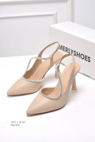 Giày Cao Gót Nude Mũi Nhọn 9cm Đính Đá Big Size 35-43 Thương Hiệu Merly 1577 Kem, Giày Slingback, Sandal Bít Mũi Hở Gót, Giày Đi Tiệc, Giày Cưới Cô Dâu, Giày Cao Gót Big Size