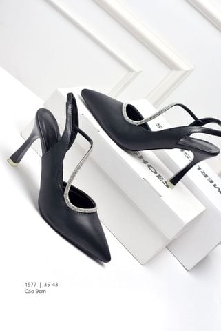 Giày Cao Gót Đen Mũi Nhọn 9cm Đính Đá Big Size 35-43 Thương Hiệu Merly 1577 Đen Mờ, Giày Slingback, Sandal Bít Mũi Hở Gót, Giày Đi Tiệc, Giày Cao Gót Big Size