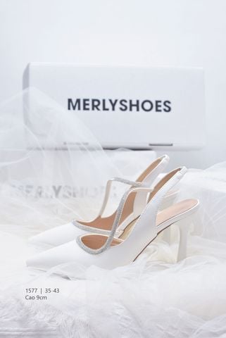 Giày Cao Gót Trắng Mũi Nhọn 9cm, Giày Cao Gót Big Size, Giày Slingback, Sandal Bít Mũi Hở Gót, Giày Cưới Cô Dâu, Giày Đi Tiệc, Giày Nữ Thương Hiệu Merly 1577 Trắng