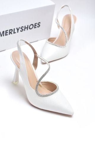 Giày Cao Gót Trắng Nhũ Lấp Lánh Nhẹ Mũi Nhọn 9cm, Giày Cao Gót Big Size, Giày Slingback, Sandal Bít Mũi Hở Gót, Giày Cưới Cô Dâu, Giày Đi Tiệc, Giày Nữ Merly 1577 Trắng Nhũ