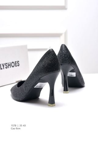 Giày Cao Gót Mũi Nhọn 9cm Big Size 35-43 Merly 1578 Màu Đen Ánh Nhũ Thích Hợp Đi Tiệc Hoặc Làm Giày Đi Tiệc