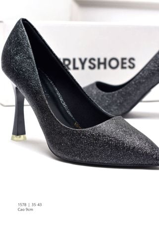 Giày Cao Gót Mũi Nhọn 9cm Big Size 35-43 Merly 1578 Màu Đen Ánh Nhũ Thích Hợp Đi Tiệc Hoặc Làm Giày Đi Tiệc