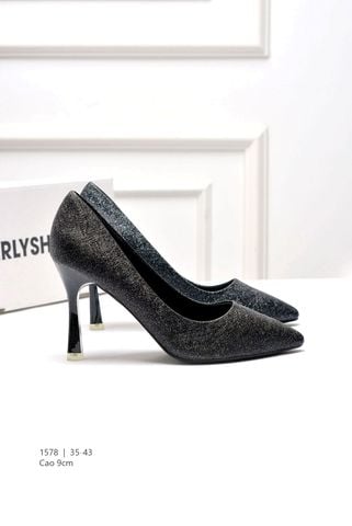Giày Cao Gót Mũi Nhọn 9cm Big Size 35-43 Merly 1578 Màu Đen Ánh Nhũ Thích Hợp Đi Tiệc Hoặc Làm Giày Đi Tiệc