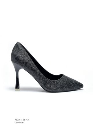 Giày Cao Gót Mũi Nhọn 9cm Big Size 35-43 Merly 1578 Màu Đen Ánh Nhũ Thích Hợp Đi Tiệc Hoặc Làm Giày Đi Tiệc